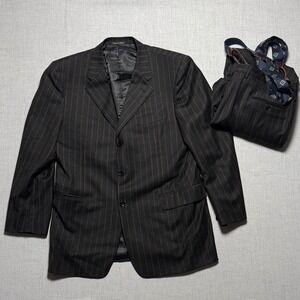 Vintage Trussini 2PC Suit Classic Fit Black Wool Brown Pinstripe Size 56 36x29